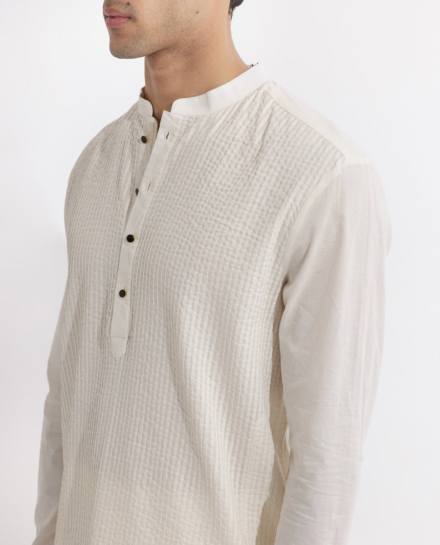 Rare Rabbit Men's Ethnic Beige Cotton Striped Print Regular Fit Full Sleeve Mandarin Collar Kurta