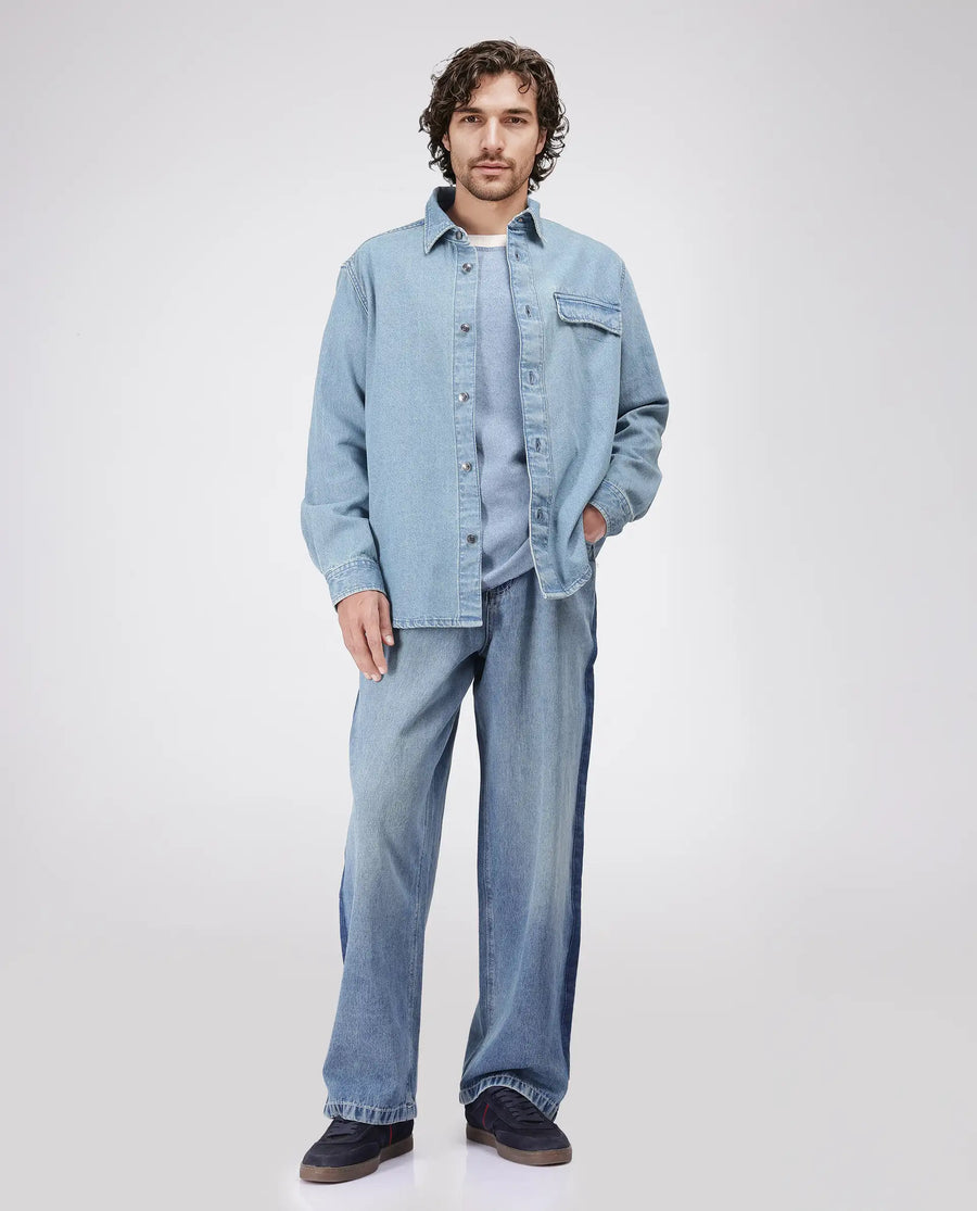Rare Rabbit Men's Euclid Light Blue Cotton Plain Oversized Fit Full Sleeve Collared Shirt