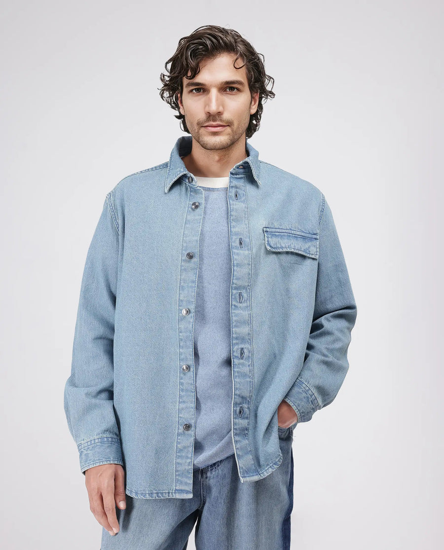 Rare Rabbit Men's Euclid Light Blue Cotton Plain Oversized Fit Full Sleeve Collared Shirt