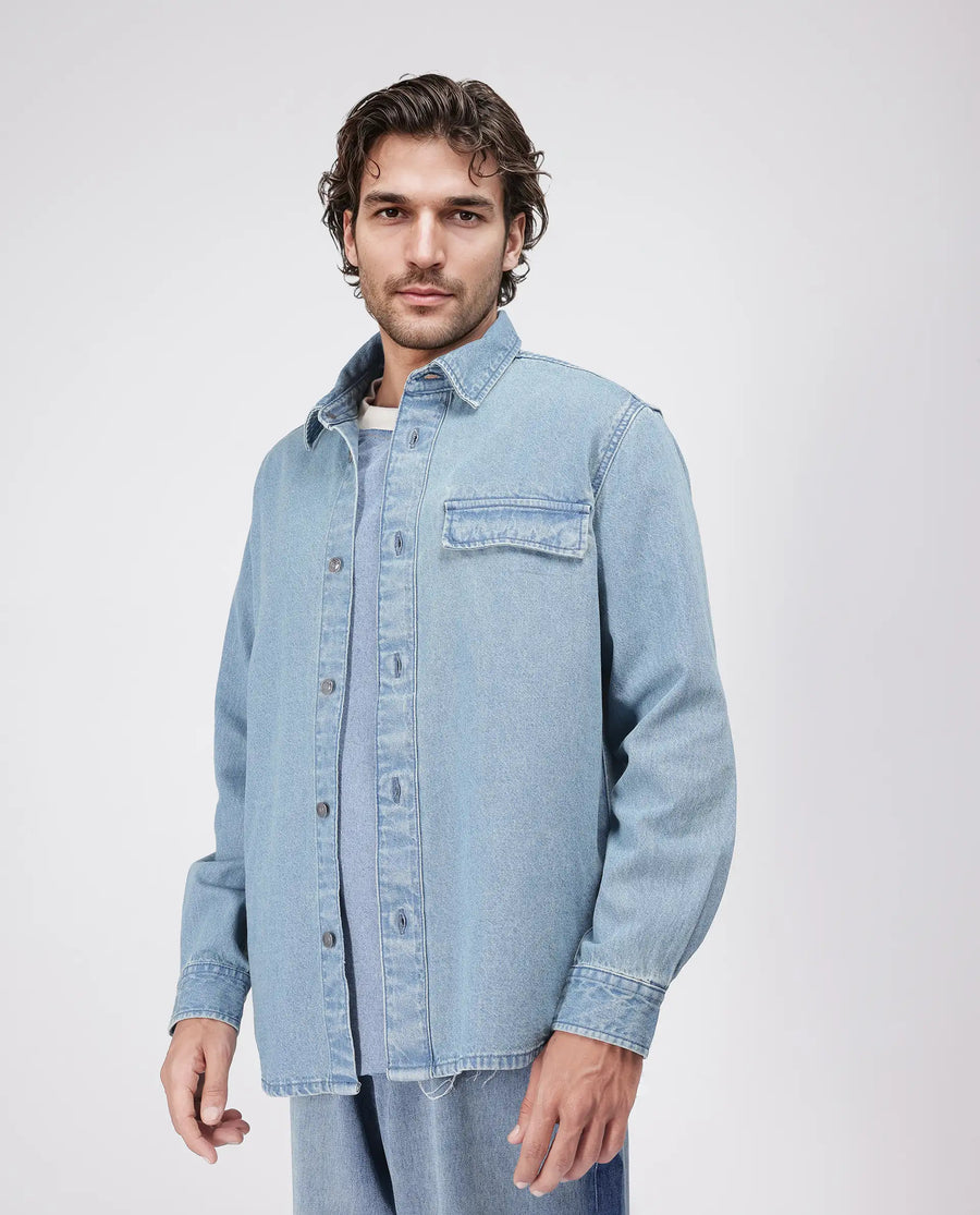 Rare Rabbit Men's Euclid Light Blue Cotton Plain Oversized Fit Full Sleeve Collared Shirt