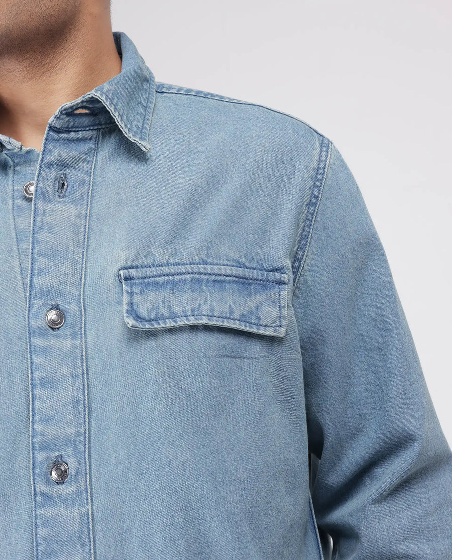 Rare Rabbit Men's Euclid Light Blue Cotton Plain Oversized Fit Full Sleeve Collared Shirt