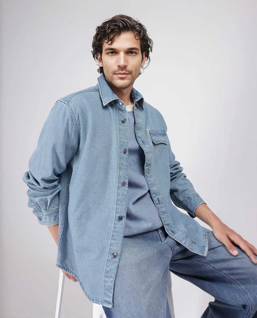 Rare Rabbit Men's Euclid Light Blue Cotton Plain Oversized Fit Full Sleeve Collared Shirt