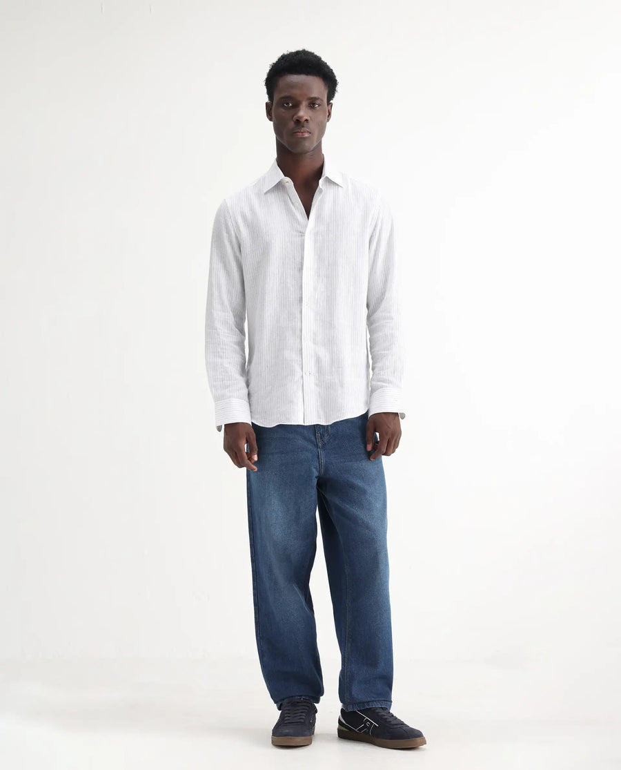 Rare Rabbit Men's Evet Blue Cotton Plain Baggy Fit Jeans