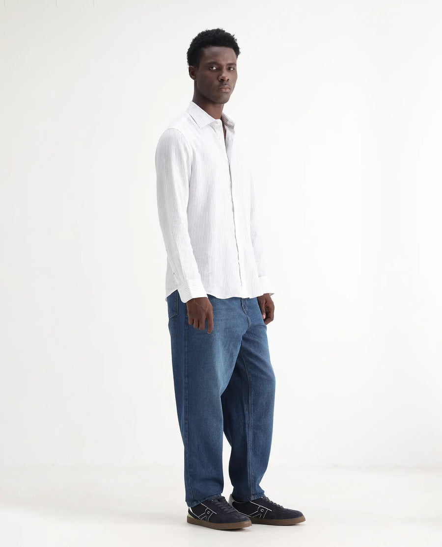 Rare Rabbit Men's Evet Blue Cotton Plain Baggy Fit Jeans