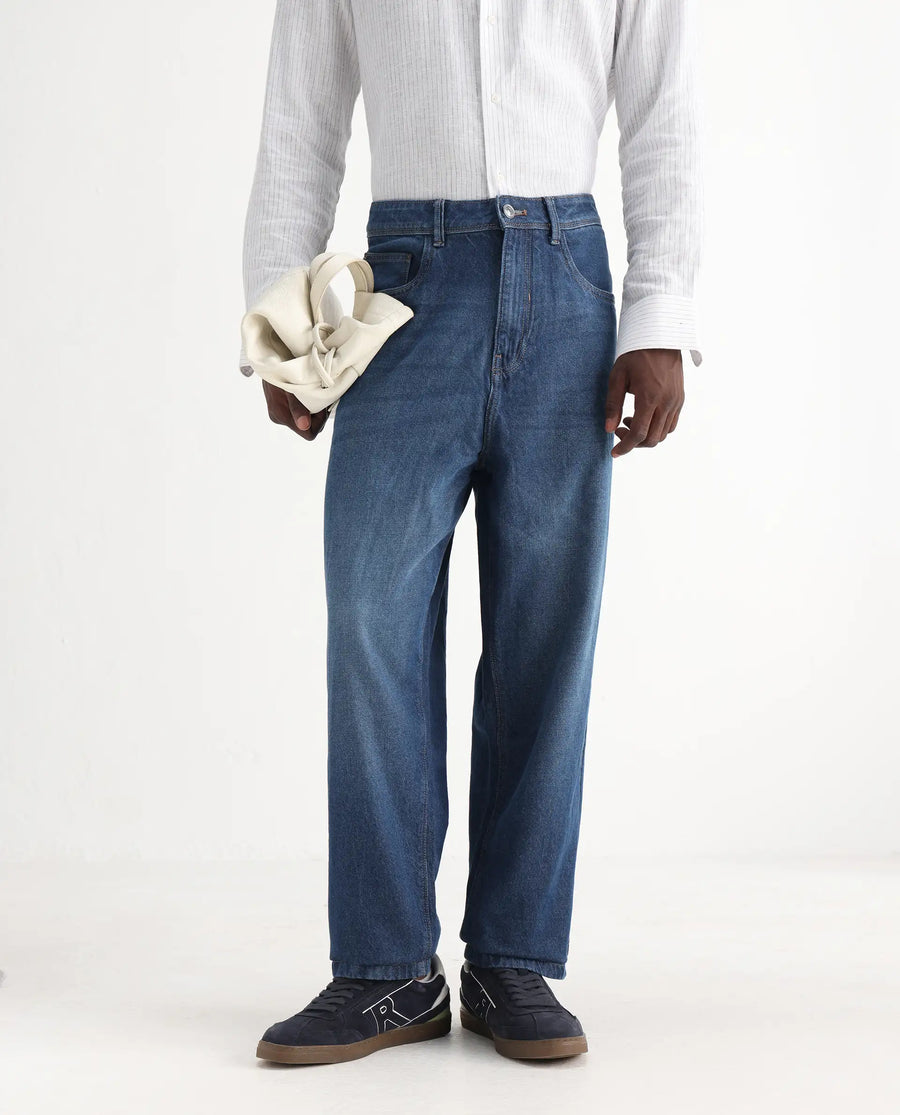 Rare Rabbit Men's Evet Blue Cotton Plain Baggy Fit Jeans