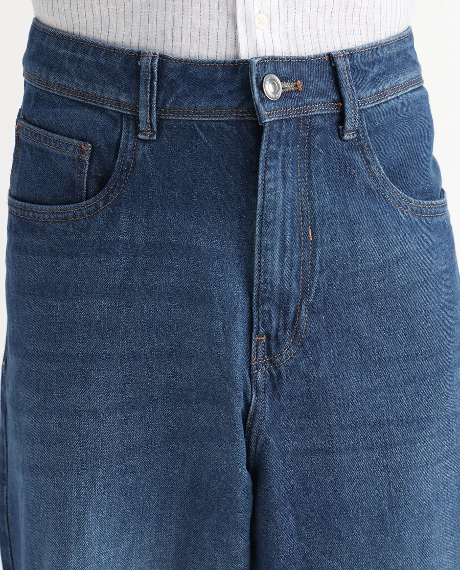 Rare Rabbit Men's Evet Blue Cotton Plain Baggy Fit Jeans