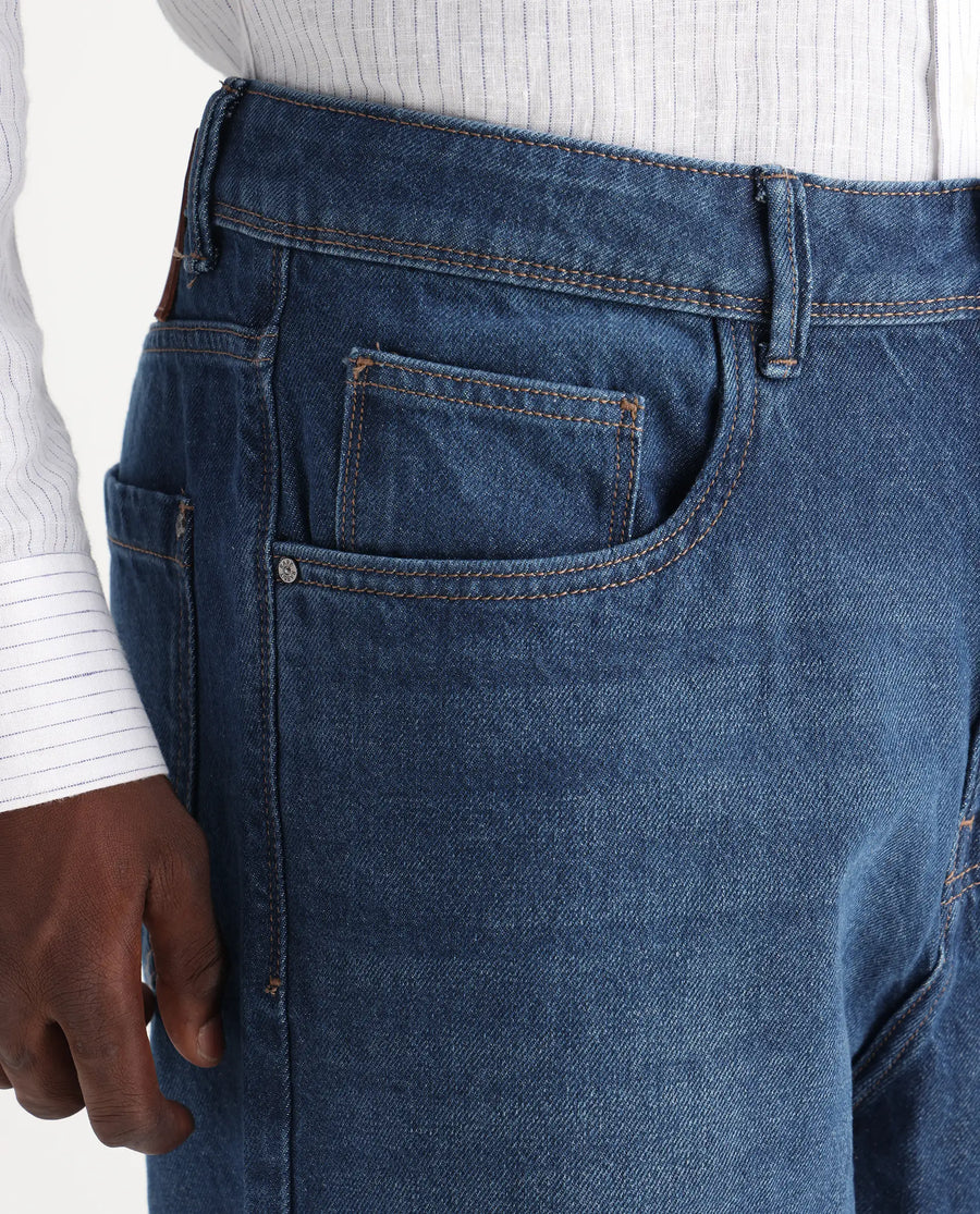 Rare Rabbit Men's Evet Blue Cotton Plain Baggy Fit Jeans