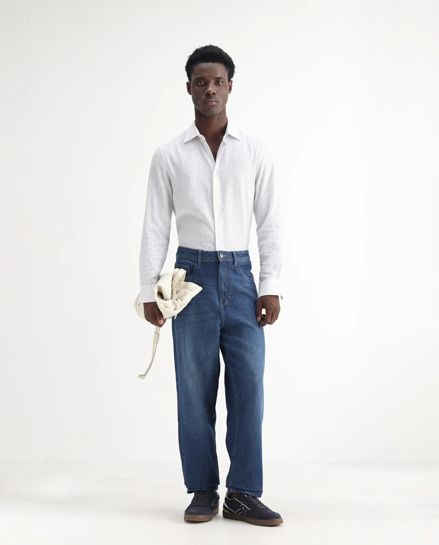 Rare Rabbit Men's Evet Blue Cotton Plain Baggy Fit Jeans