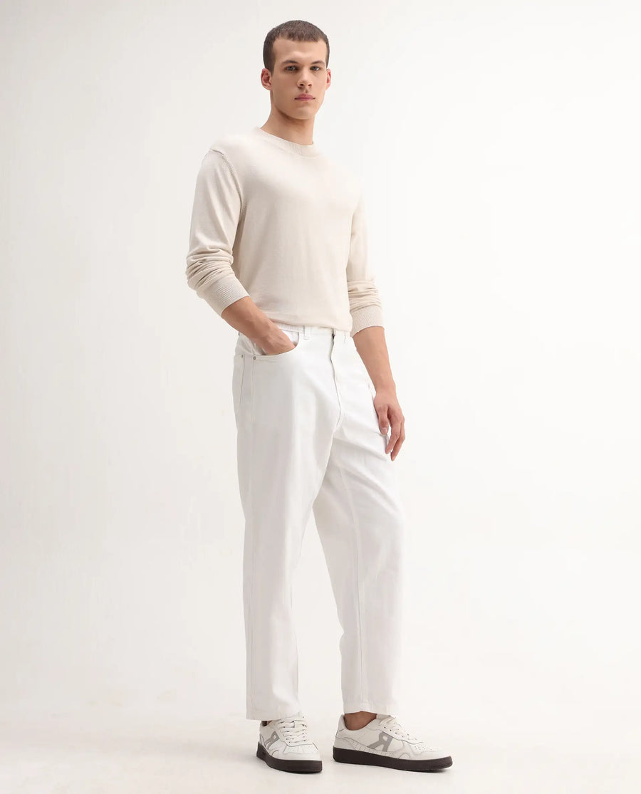 Rare Rabbit Men's Evet-2 White Cotton Plain Baggy Fit Jeans
