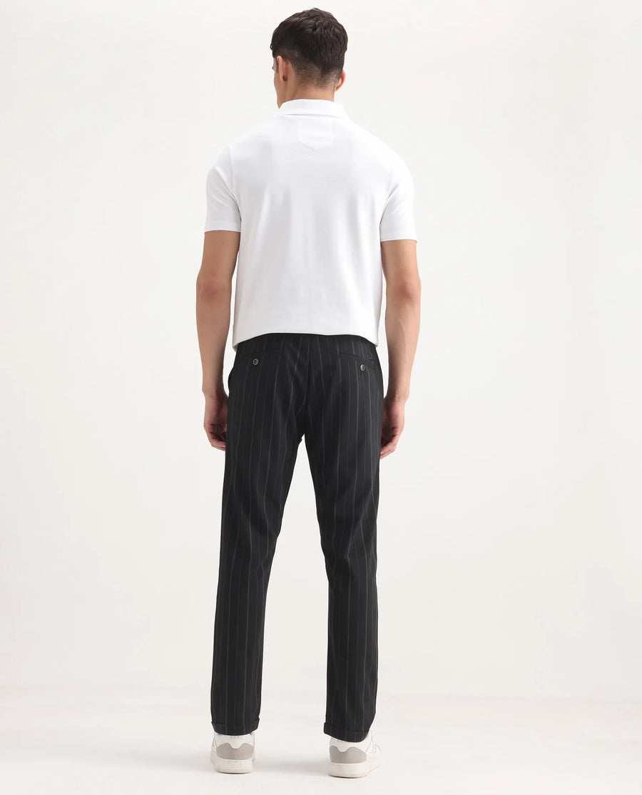 Rare Rabbit Men's Evita Black Cotton Striped Print Regular Fit Trouser