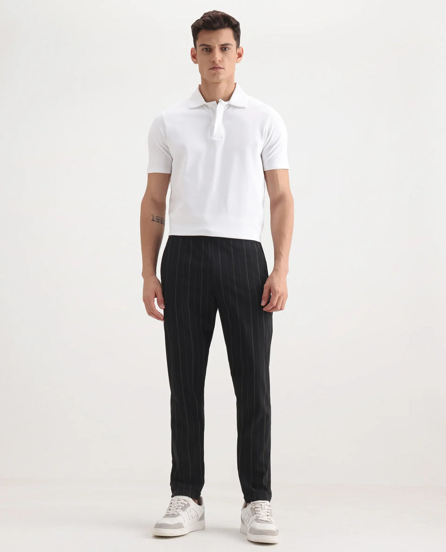 Rare Rabbit Men's Evita Black Cotton Striped Print Regular Fit Trouser