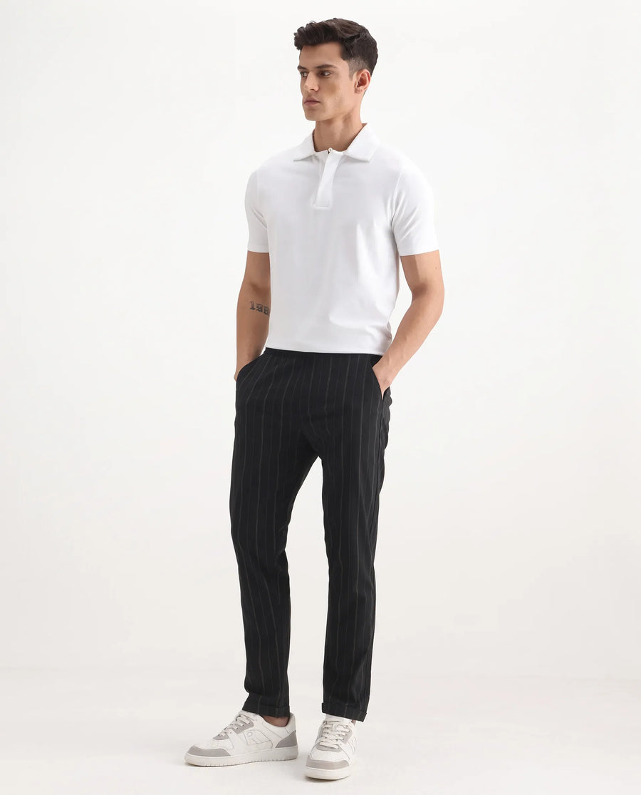 Rare Rabbit Men's Evita Black Cotton Striped Print Regular Fit Trouser