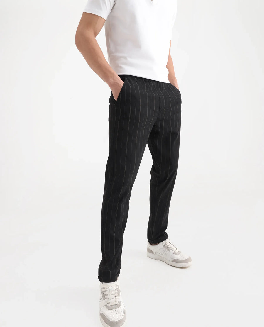 Rare Rabbit Men's Evita Black Cotton Striped Print Regular Fit Trouser