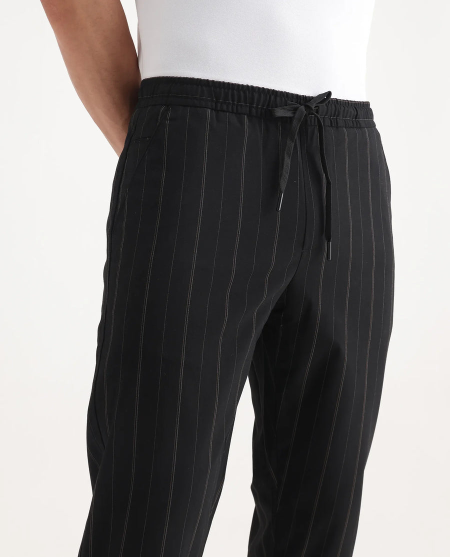 Rare Rabbit Men's Evita Black Cotton Striped Print Regular Fit Trouser