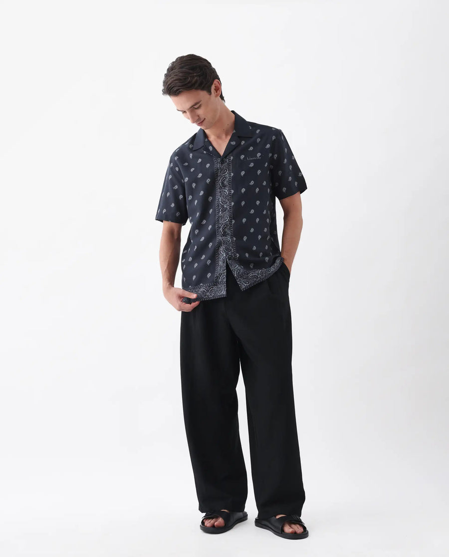 Rare Rabbit Men's Evron Navy Viscose Blend Paisley Print Boxy Fit Half Sleeve Cuban Collar Shirt