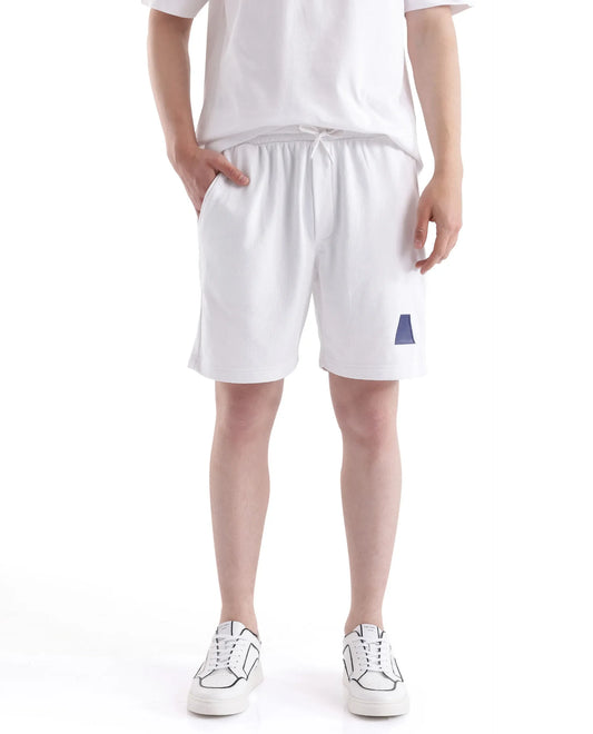 Rare Rabbit Men's Exclaim-B White Cotton Graphic Print Oversized Fit Shorts
