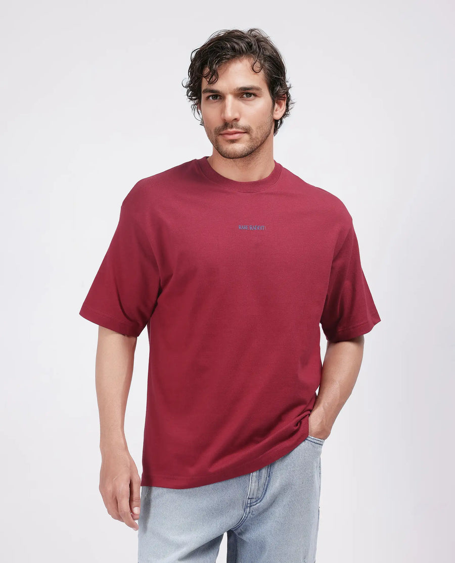 Rare Rabbit Men's Exclaim Red Cotton Blend Graphic Print Oversized Fit Half Sleeve Crew Neck T-Shirt