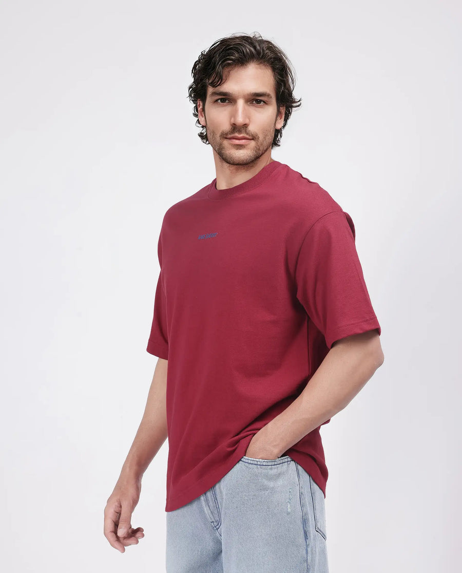 Rare Rabbit Men's Exclaim Red Cotton Blend Graphic Print Oversized Fit Half Sleeve Crew Neck T-Shirt