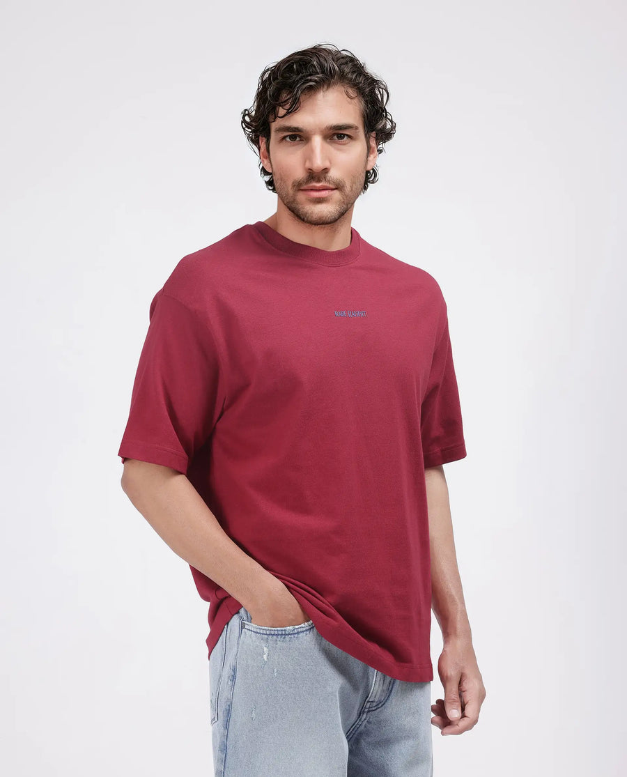 Rare Rabbit Men's Exclaim Red Cotton Blend Graphic Print Oversized Fit Half Sleeve Crew Neck T-Shirt