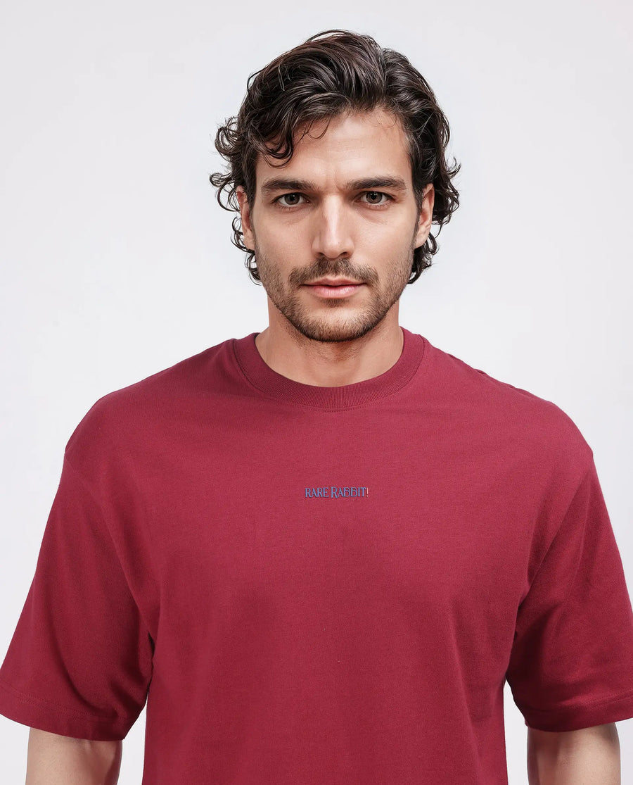 Rare Rabbit Men's Exclaim Red Cotton Blend Graphic Print Oversized Fit Half Sleeve Crew Neck T-Shirt