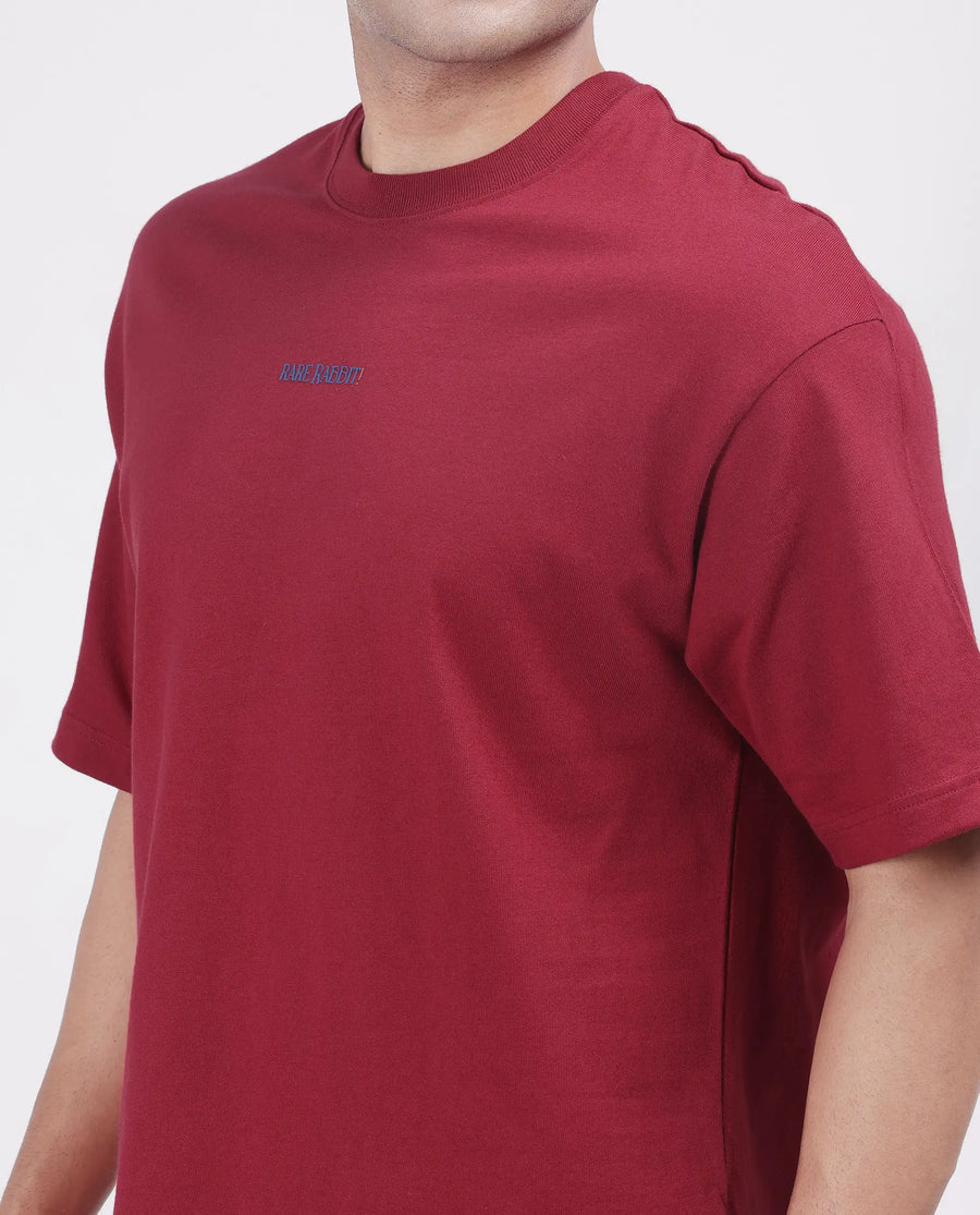 Rare Rabbit Men's Exclaim Red Cotton Blend Graphic Print Oversized Fit Half Sleeve Crew Neck T-Shirt