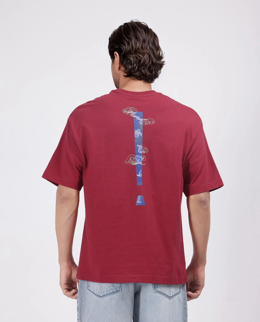 Rare Rabbit Men's Exclaim Red Cotton Blend Graphic Print Oversized Fit Half Sleeve Crew Neck T-Shirt