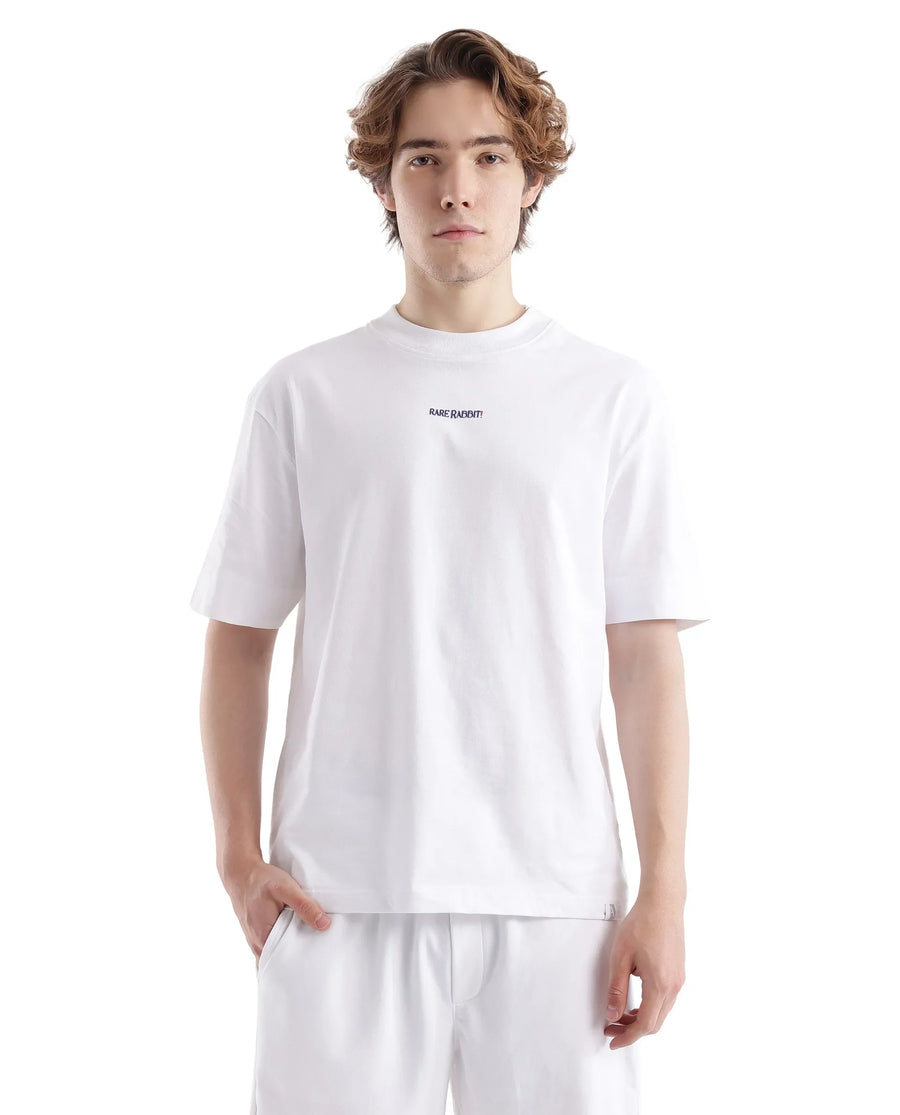 Rare Rabbit Men's Exclaim White Cotton Graphic Print Oversized Fit Half Sleeve Crew Neck T-Shirt