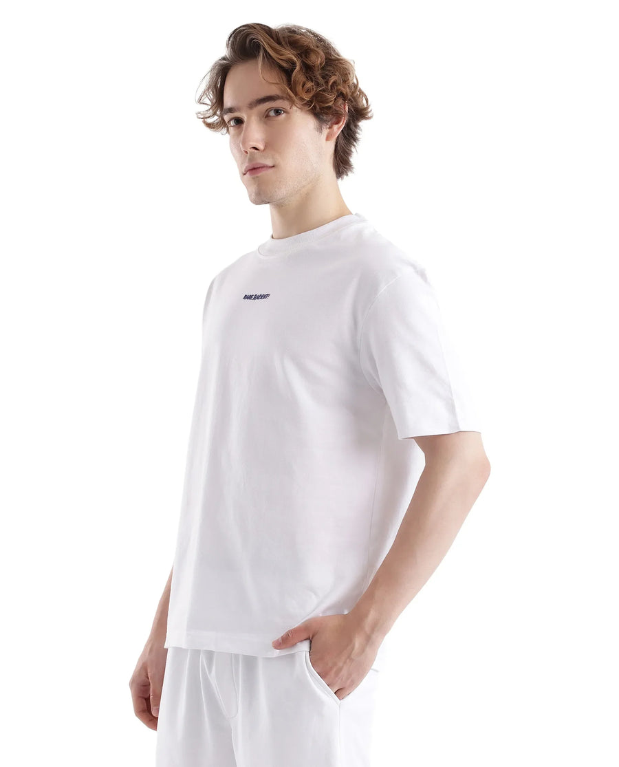 Rare Rabbit Men's Exclaim White Cotton Graphic Print Oversized Fit Half Sleeve Crew Neck T-Shirt