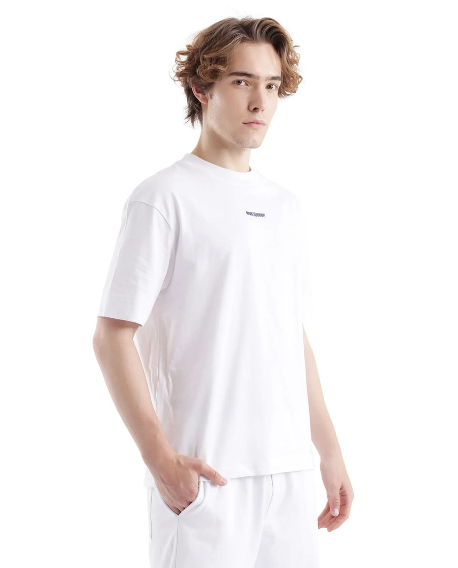 Rare Rabbit Men's Exclaim White Cotton Graphic Print Oversized Fit Half Sleeve Crew Neck T-Shirt