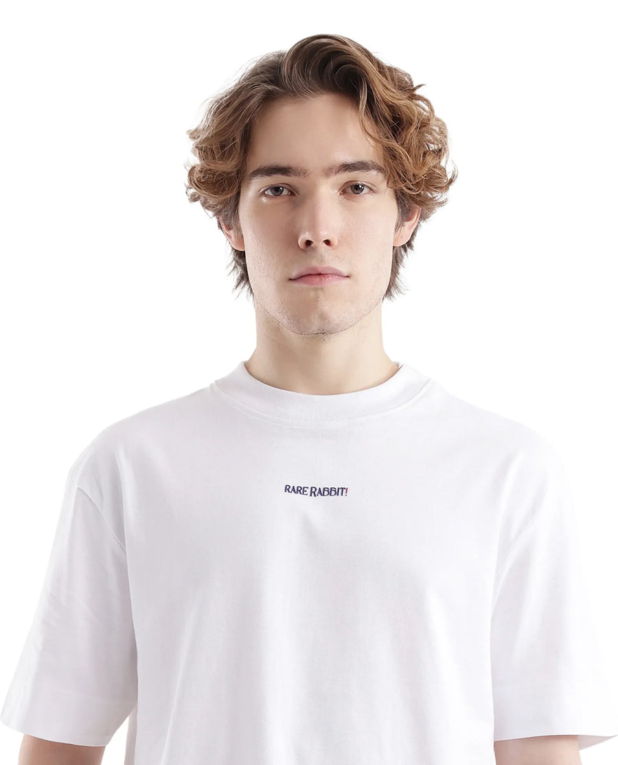 Rare Rabbit Men's Exclaim White Cotton Graphic Print Oversized Fit Half Sleeve Crew Neck T-Shirt
