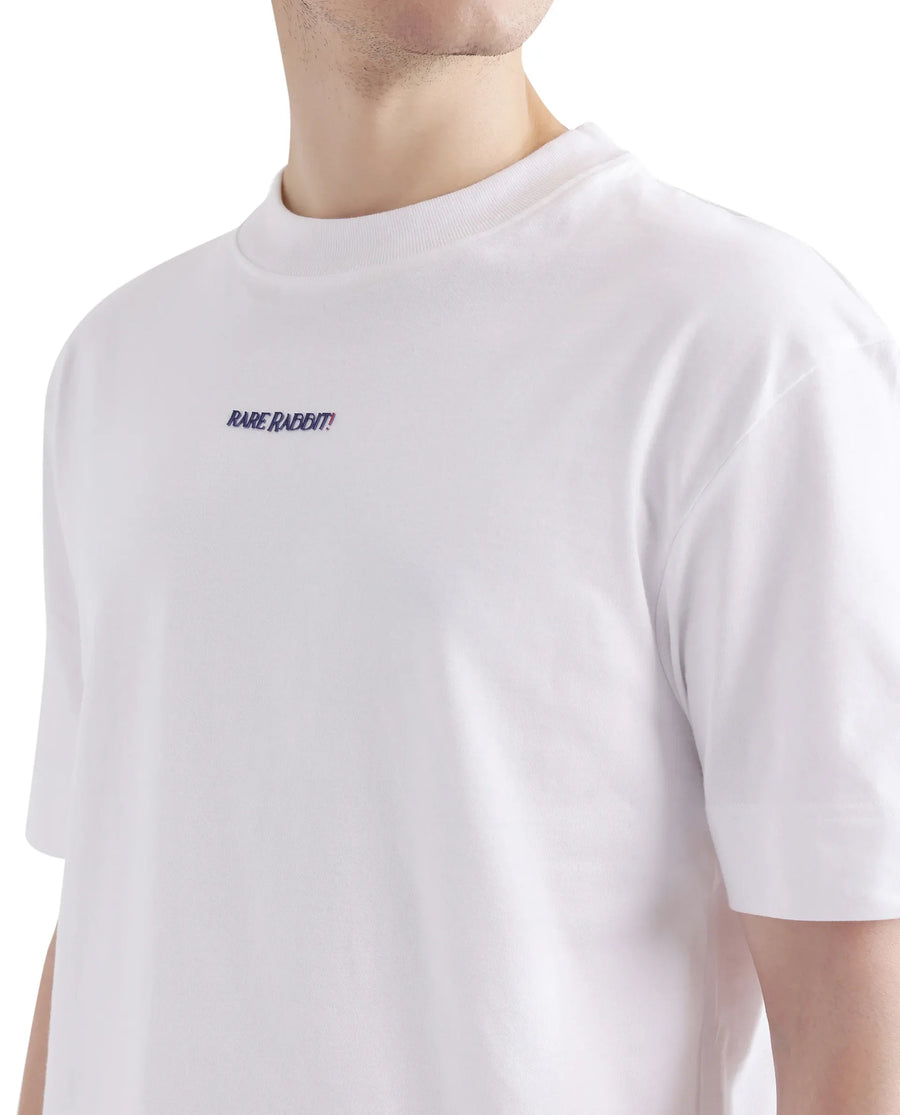 Rare Rabbit Men's Exclaim White Cotton Graphic Print Oversized Fit Half Sleeve Crew Neck T-Shirt
