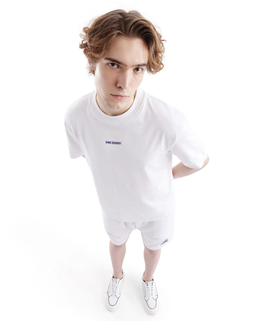 Rare Rabbit Men's Exclaim White Cotton Graphic Print Oversized Fit Half Sleeve Crew Neck T-Shirt