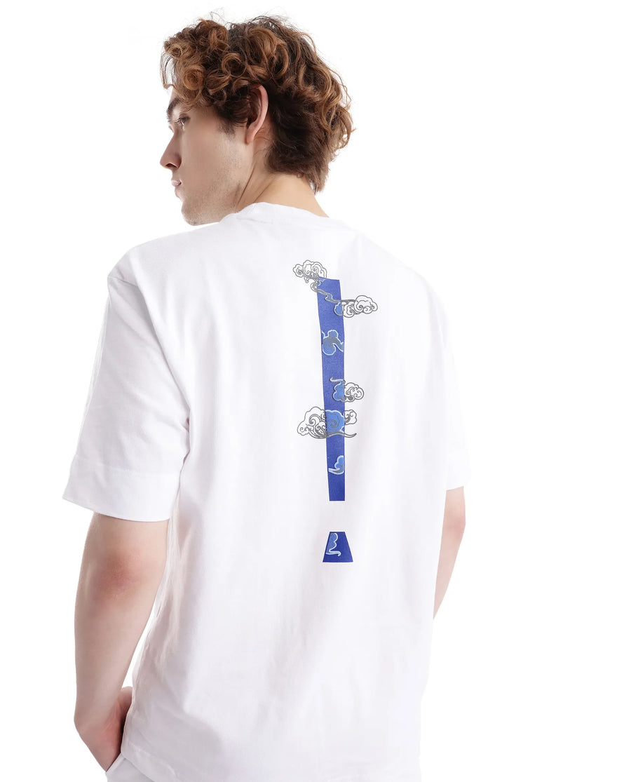 Rare Rabbit Men's Exclaim White Cotton Graphic Print Oversized Fit Half Sleeve Crew Neck T-Shirt