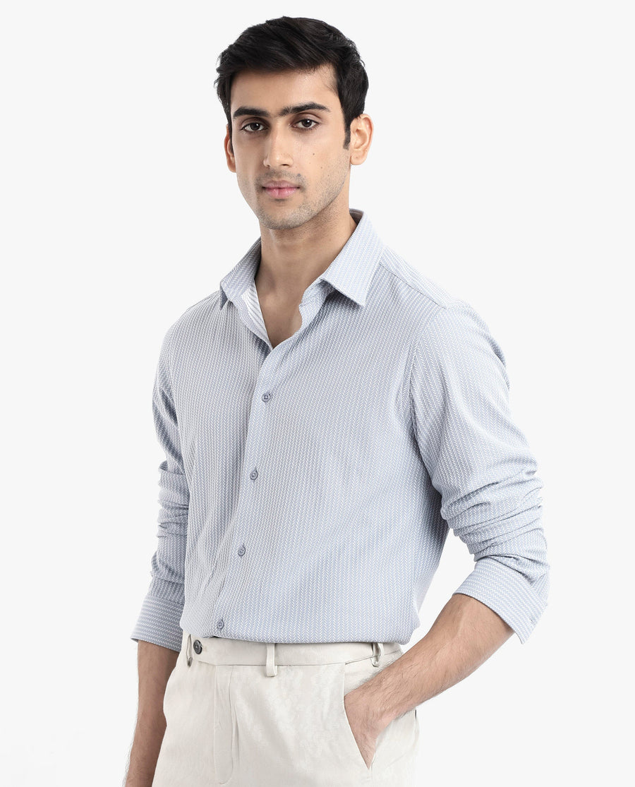 Rare Rabbit Men's Exclo Light Blue Polyester Jacquard Regular Fit Full Sleeve Collared Shirt