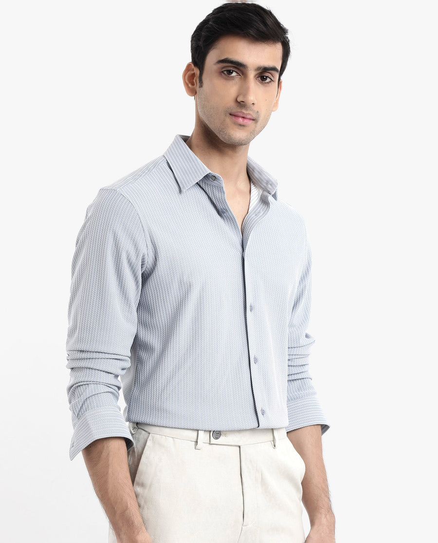 Rare Rabbit Men's Exclo Light Blue Polyester Jacquard Regular Fit Full Sleeve Collared Shirt