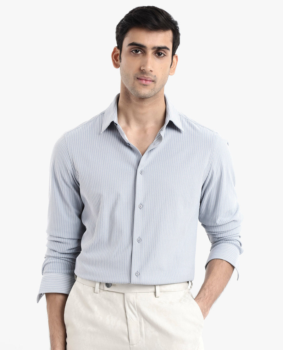 Rare Rabbit Men's Exclo Light Blue Polyester Jacquard Regular Fit Full Sleeve Collared Shirt