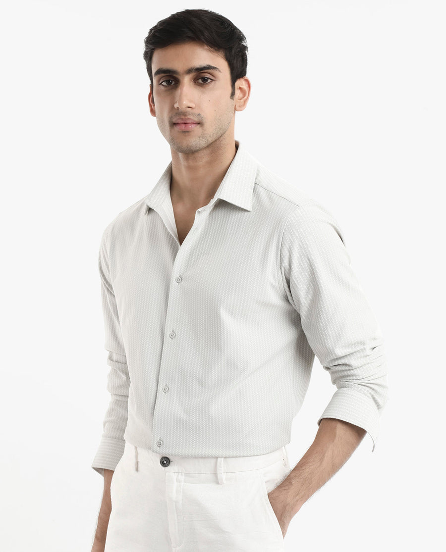Rare Rabbit Men's Exclo Pastel Beige Polyester Jacquard Regular Fit Full Sleeve Collared Shirt