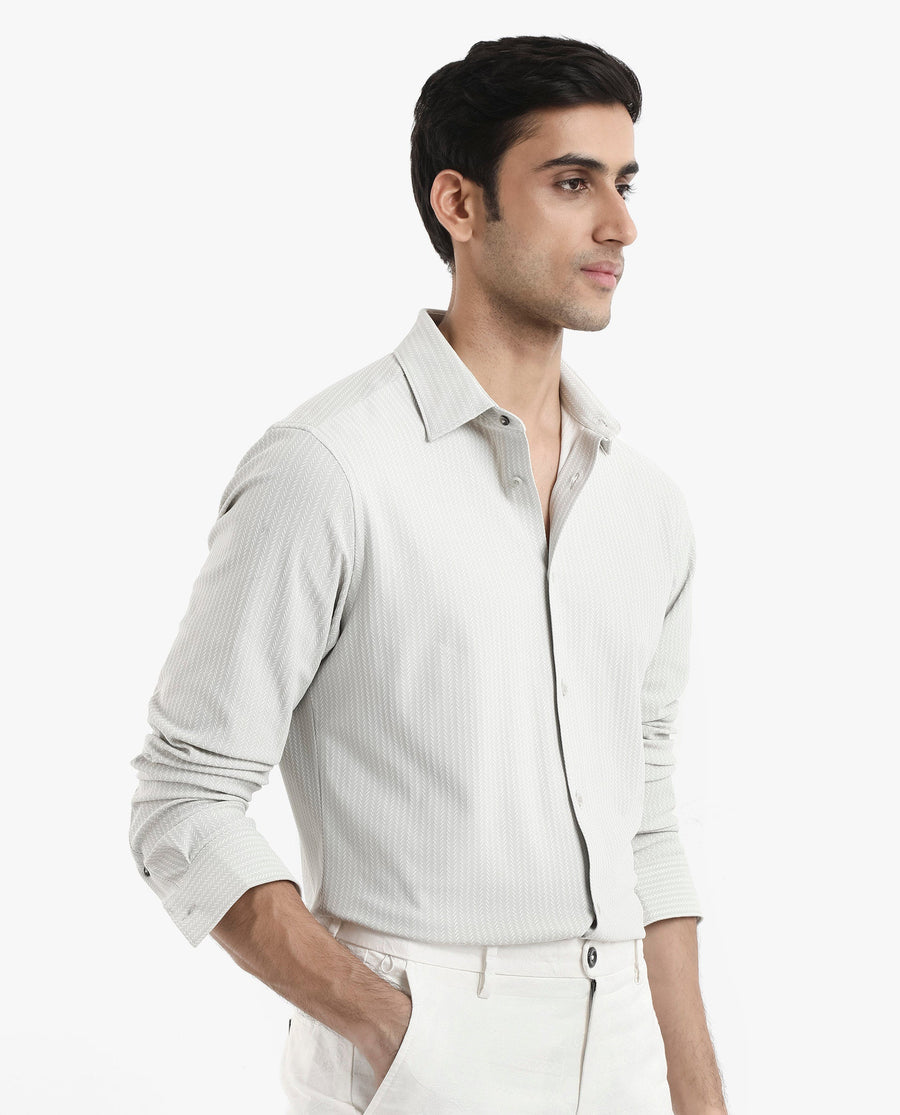 Rare Rabbit Men's Exclo Pastel Beige Polyester Jacquard Regular Fit Full Sleeve Collared Shirt