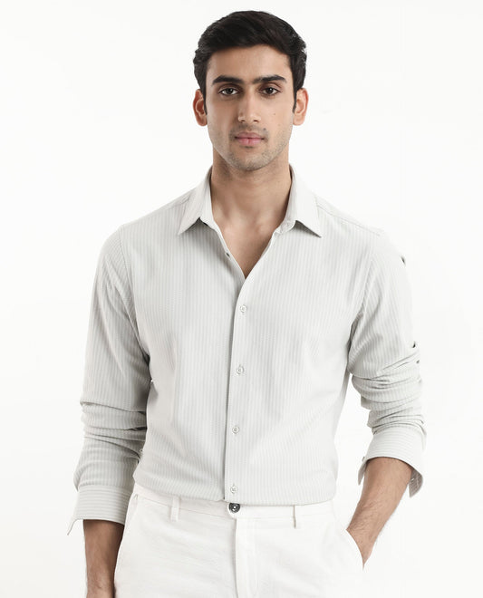 Rare Rabbit Men's Exclo Pastel Beige Polyester Jacquard Regular Fit Full Sleeve Collared Shirt