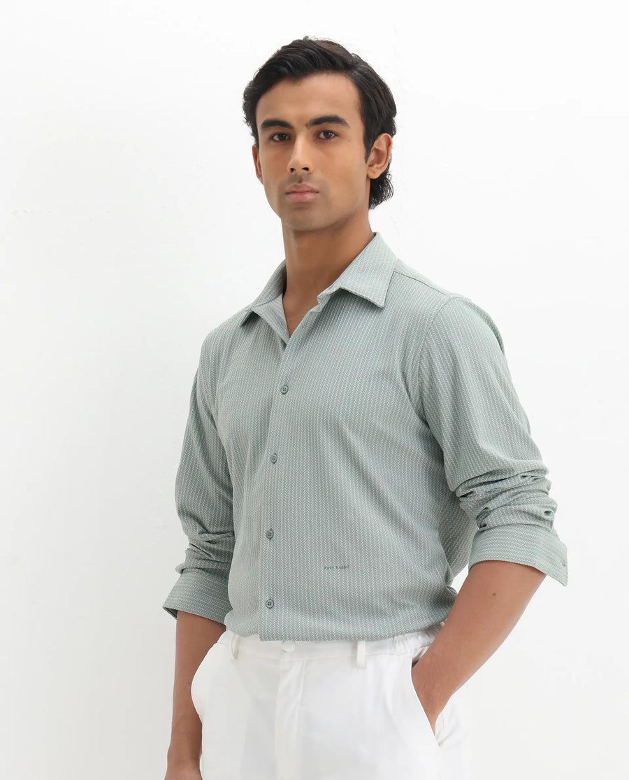 Rare Rabbit Men's Exclo Pastel Green Polyester Jacquard Regular Fit Full Sleeve Collared Shirt