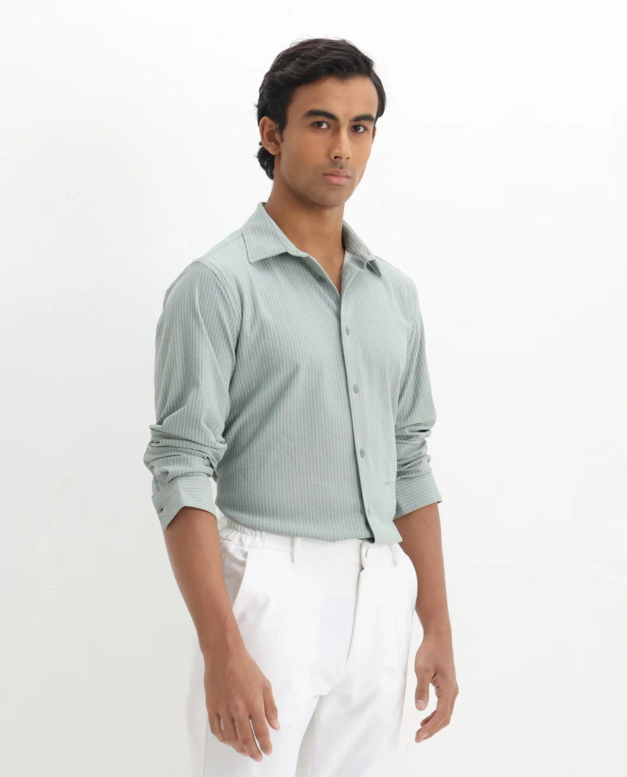 Rare Rabbit Men's Exclo Pastel Green Polyester Jacquard Regular Fit Full Sleeve Collared Shirt