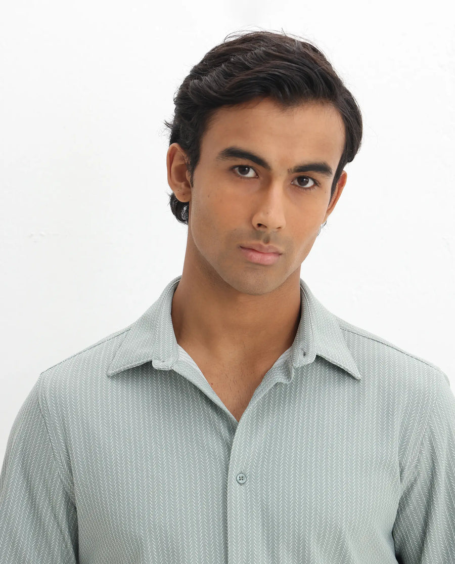 Rare Rabbit Men's Exclo Pastel Green Polyester Jacquard Regular Fit Full Sleeve Collared Shirt