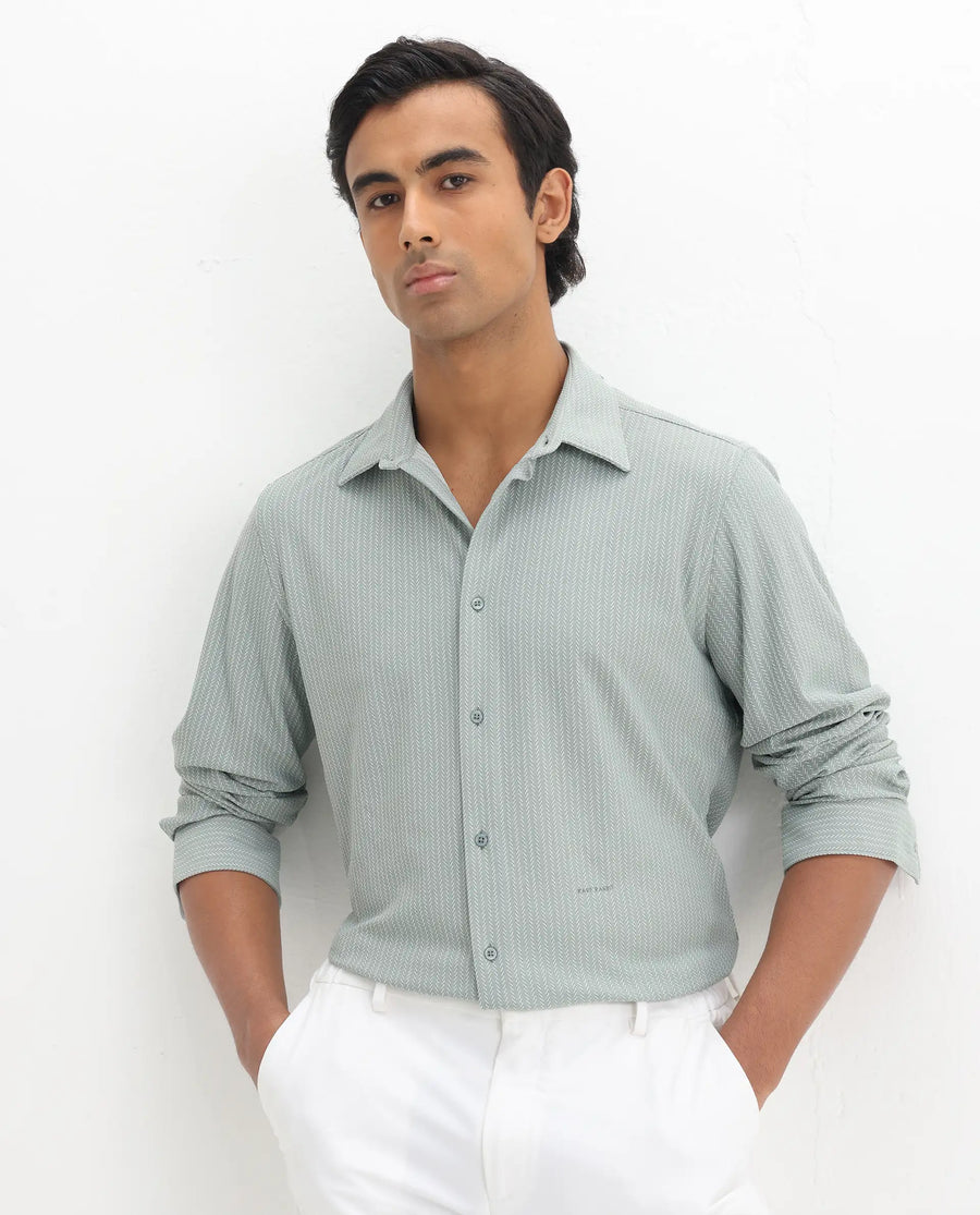 Rare Rabbit Men's Exclo Pastel Green Polyester Jacquard Regular Fit Full Sleeve Collared Shirt