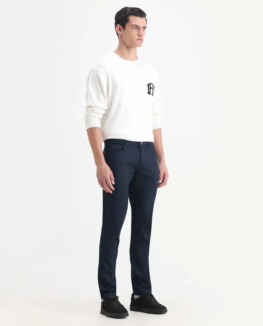 Rare Rabbit Men's Expore Navy Linen Blend Plain Regular Fit Trouser
