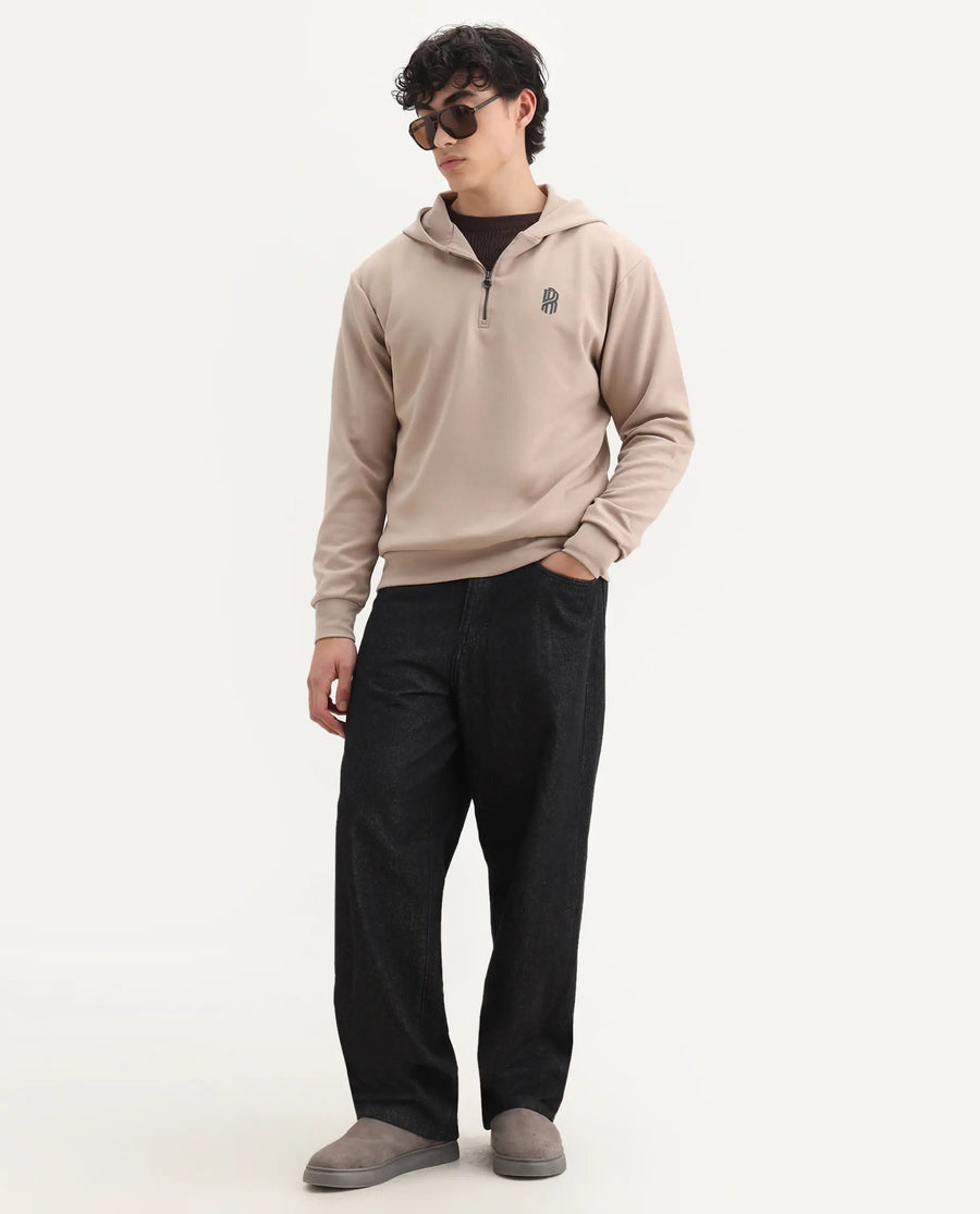 Rare Rabbit Men's Ezra Beige Cotton Blend Fabric Full Sleeve Hooded Graphic Print Sweatshirt