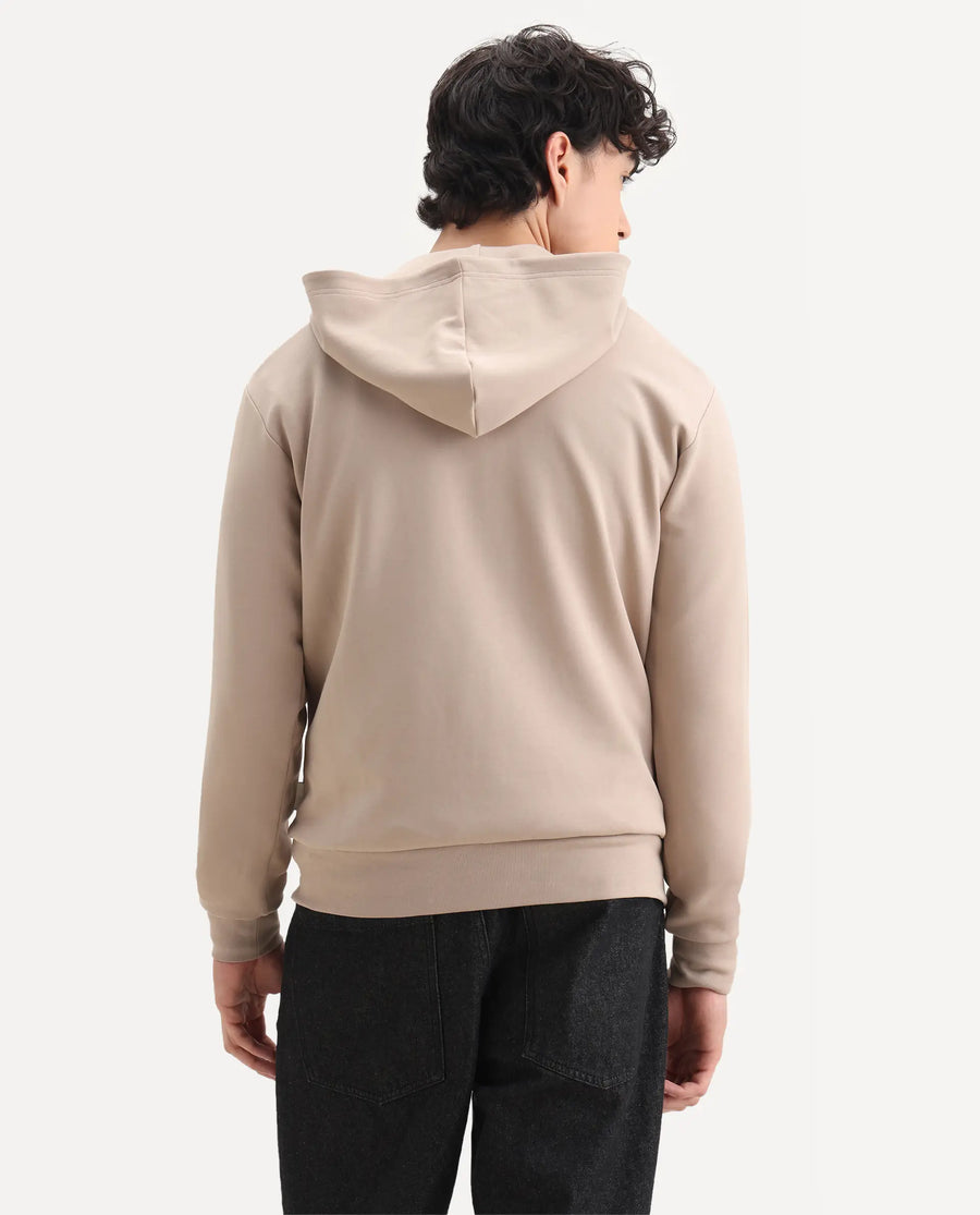 Rare Rabbit Men's Ezra Beige Cotton Blend Fabric Full Sleeve Hooded Graphic Print Sweatshirt