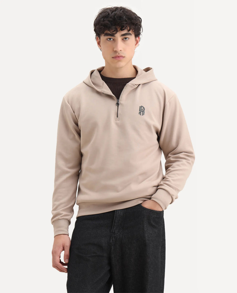 Rare Rabbit Men's Ezra Beige Cotton Blend Fabric Full Sleeve Hooded Graphic Print Sweatshirt