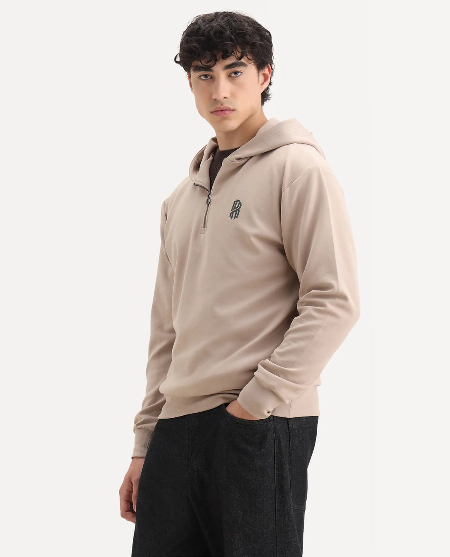 Rare Rabbit Men's Ezra Beige Cotton Blend Fabric Full Sleeve Hooded Graphic Print Sweatshirt