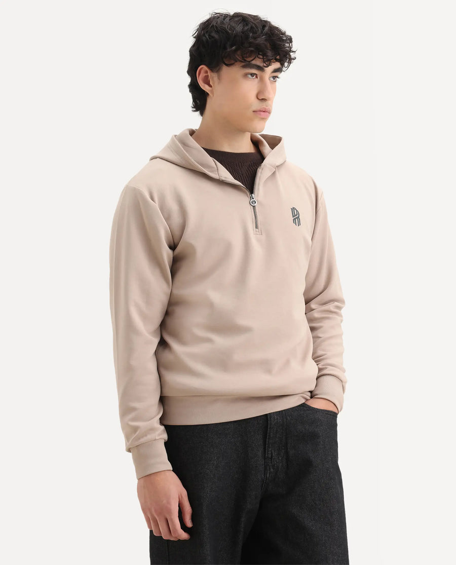 Rare Rabbit Men's Ezra Beige Cotton Blend Fabric Full Sleeve Hooded Graphic Print Sweatshirt
