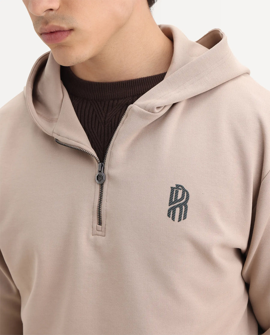 Rare Rabbit Men's Ezra Beige Cotton Blend Fabric Full Sleeve Hooded Graphic Print Sweatshirt